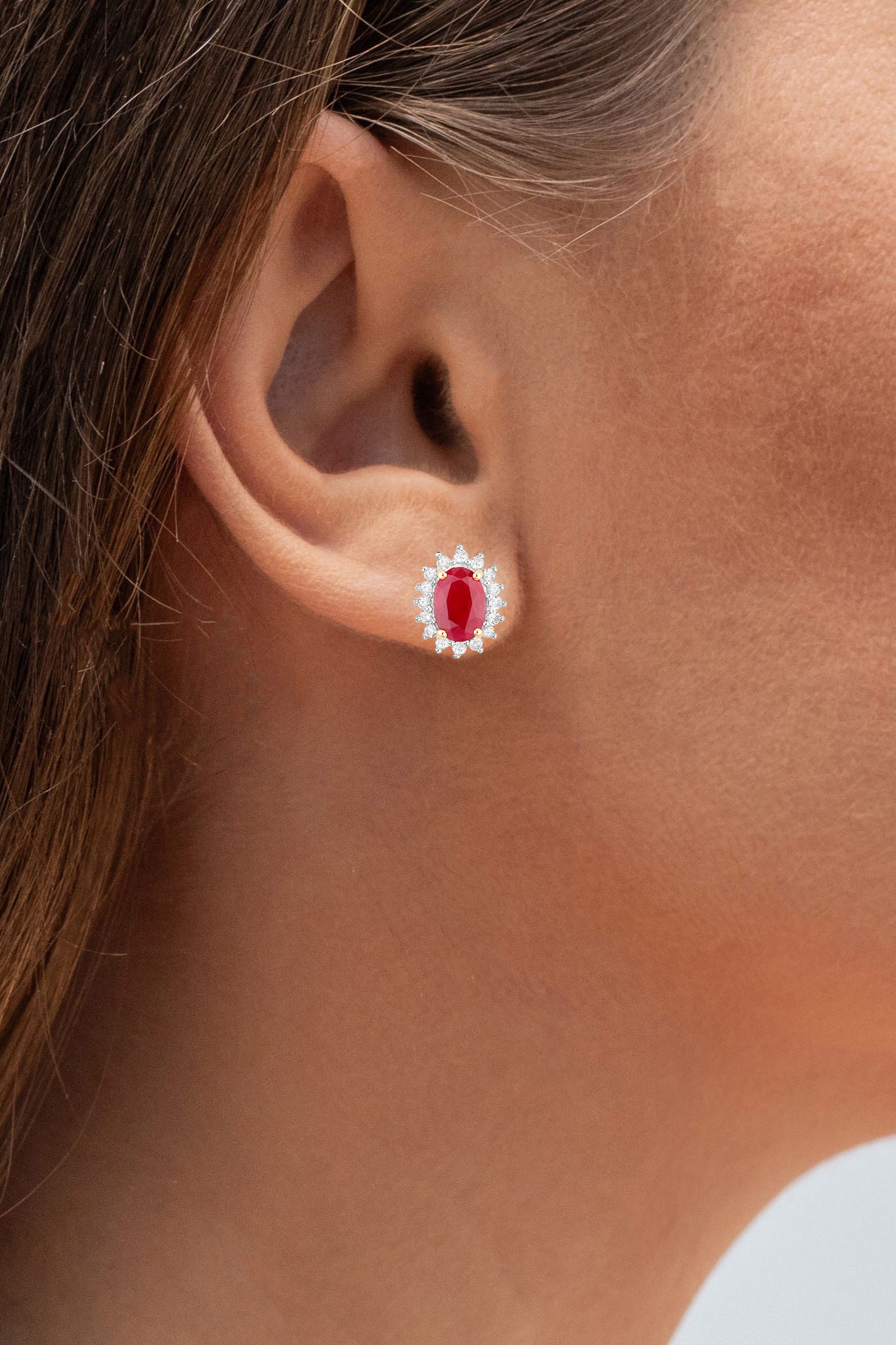 Ruby Earrings Halo Diamonds 2 Carats 14K Yellow Gold