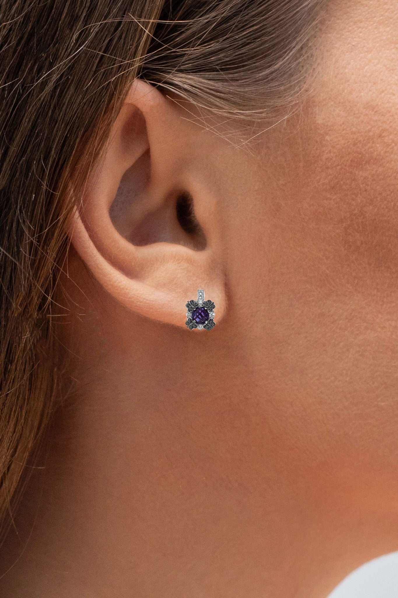 Amethyst Sapphire Black Diamond Stud Earrings 2.6 Carats Silver