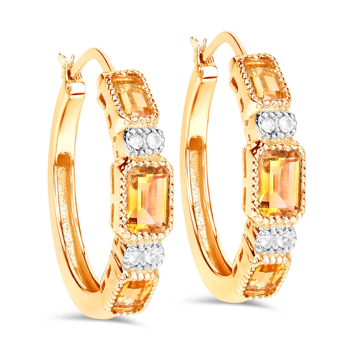 Citrine Hoop Earrings With White Topaz 2.84 Carats Gold Plated Silver