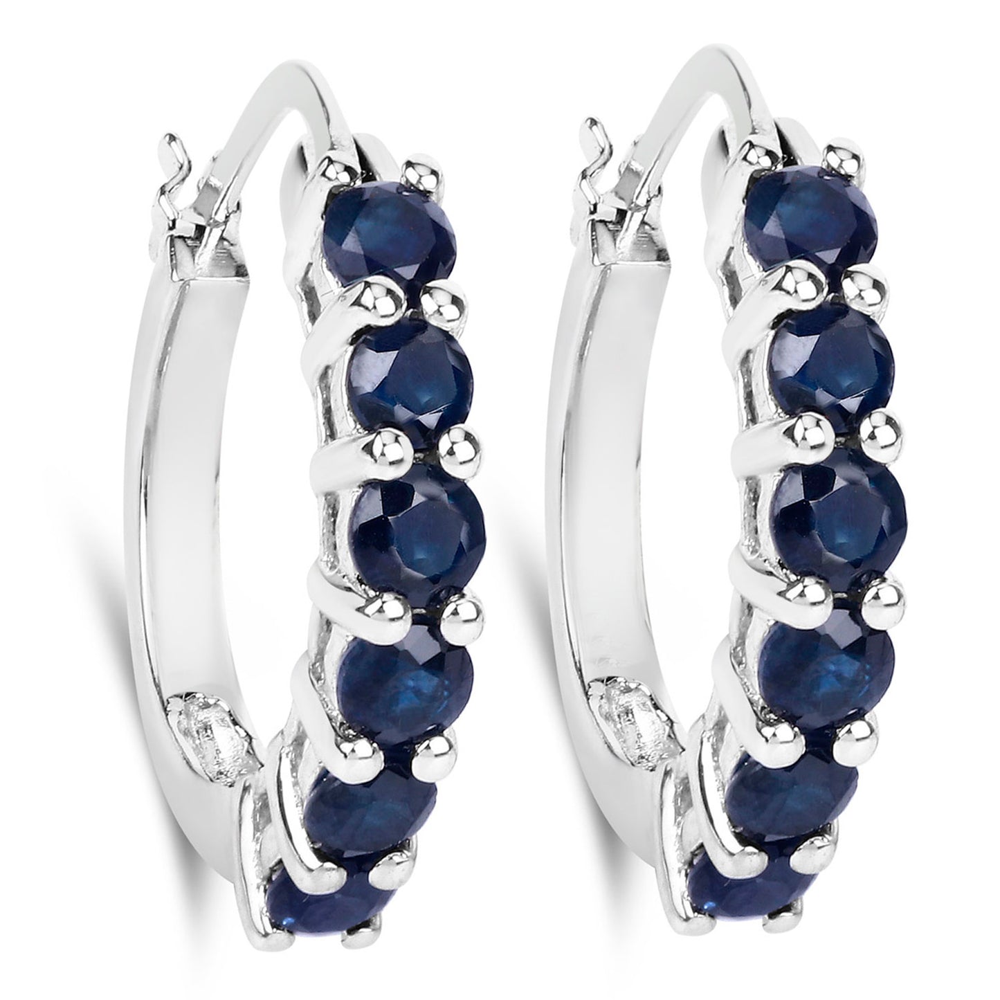 Natural Blue Sapphire Hoop Earrings 1.3 Carats Sterling Silver