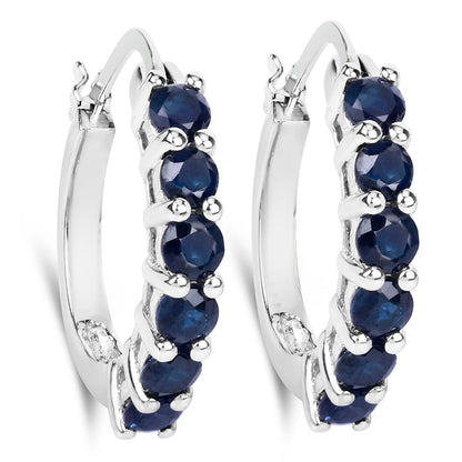 Natural Blue Sapphire Hoop Earrings 1.3 Carats Sterling Silver
