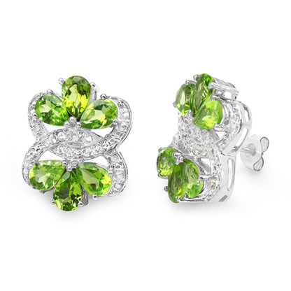 Peridot Earrings White Topaz 8.7 Carats Rhodium Plated Silver