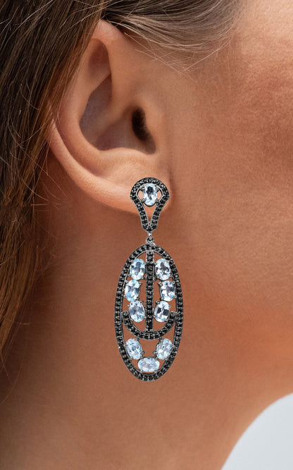 Blue Topaz Dangle Earrings With Black Spinels 13.9 Carats Rhodium Plated Silver