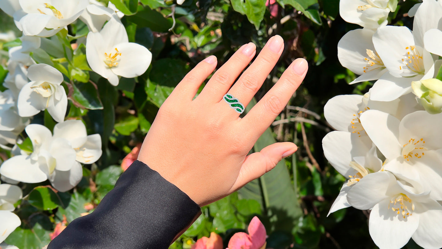 Emeralds and Diamonds Wave Band Ring 18K White Gold