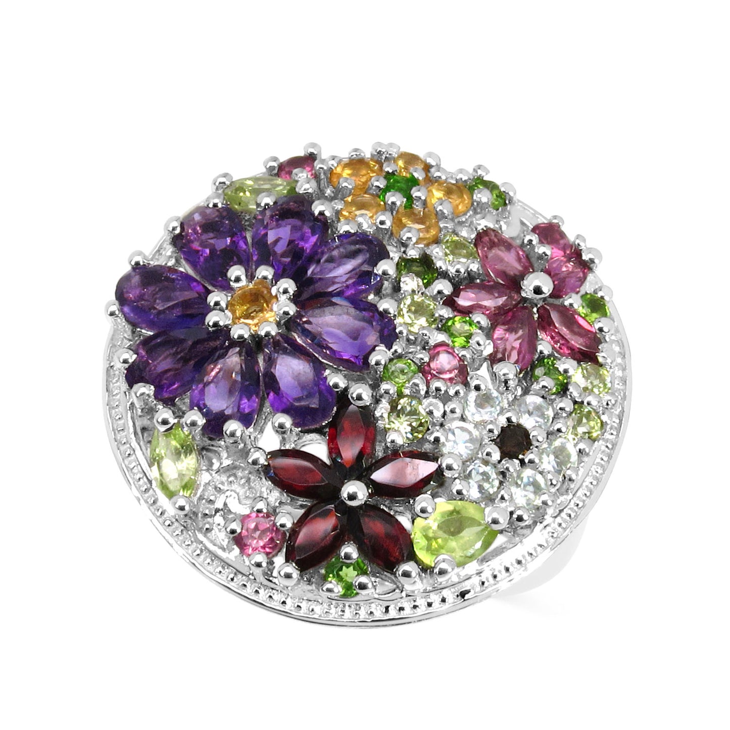 Multicolored Gemstones Flower Ring Amethyst Peridot Garnet Topaz Citrine