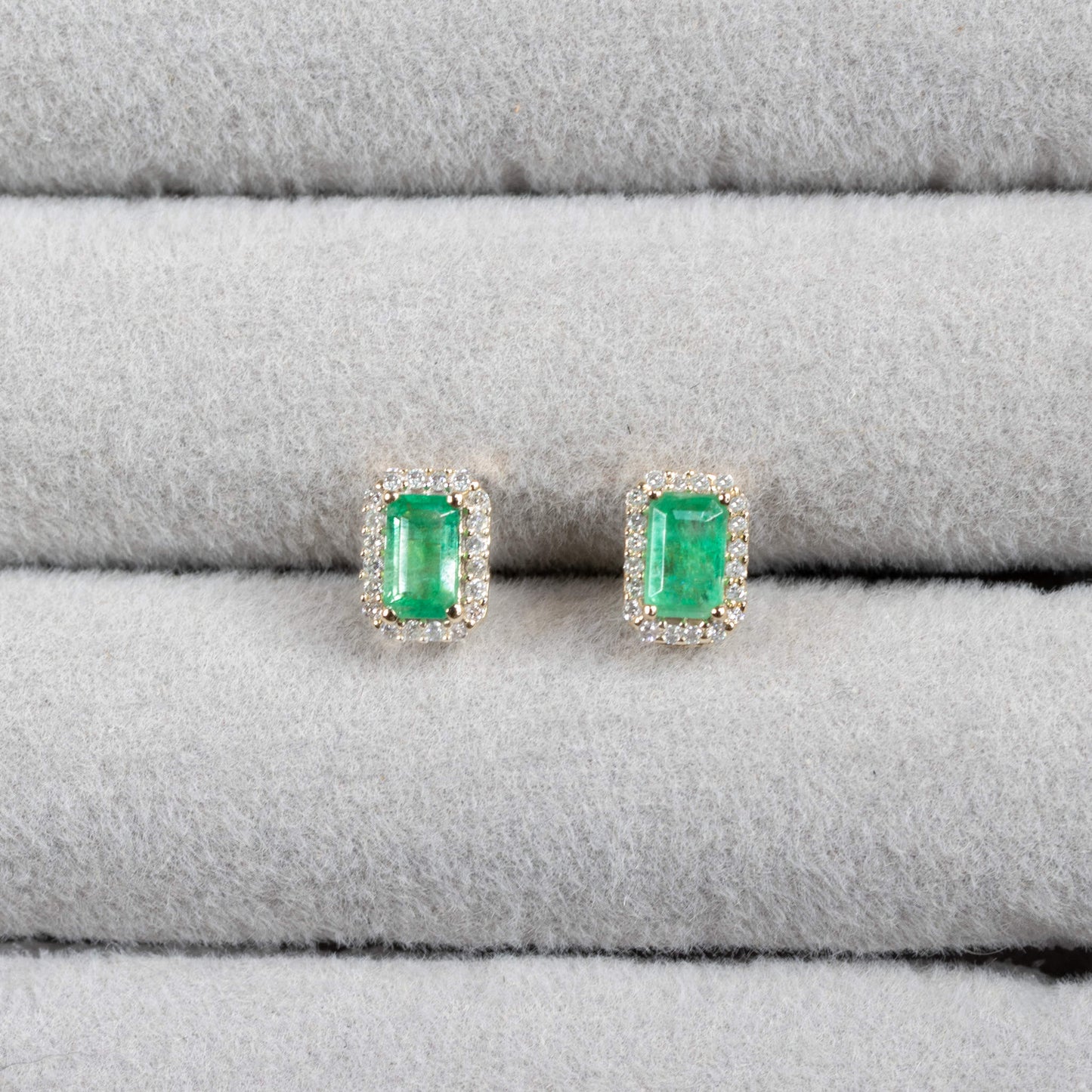 Natural Zambian Emerald Earrings With Diamonds 0.88 Carats 14K Yellow Gold