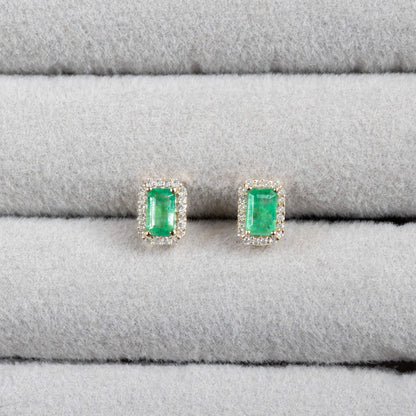 Natural Zambian Emerald Earrings With Diamonds 0.88 Carats 14K Yellow Gold