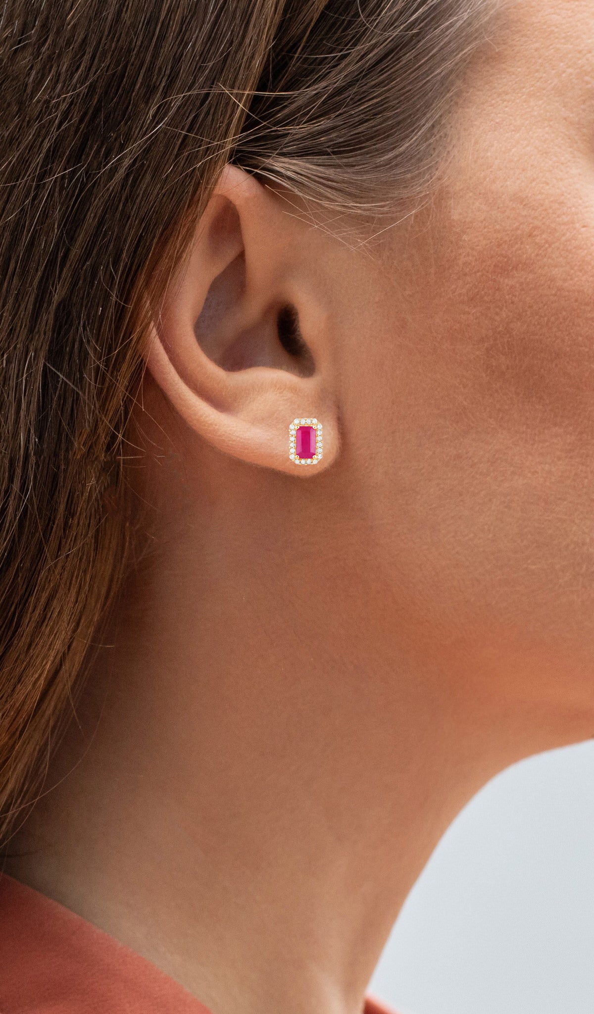 Ruby Earrings Diamond Halo 0.74 Carats 14K Yellow Gold