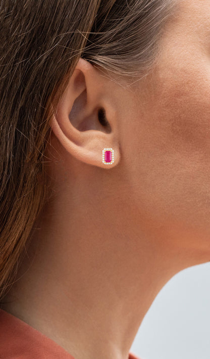 Ruby Earrings Diamond Halo 0.74 Carats 14K Yellow Gold