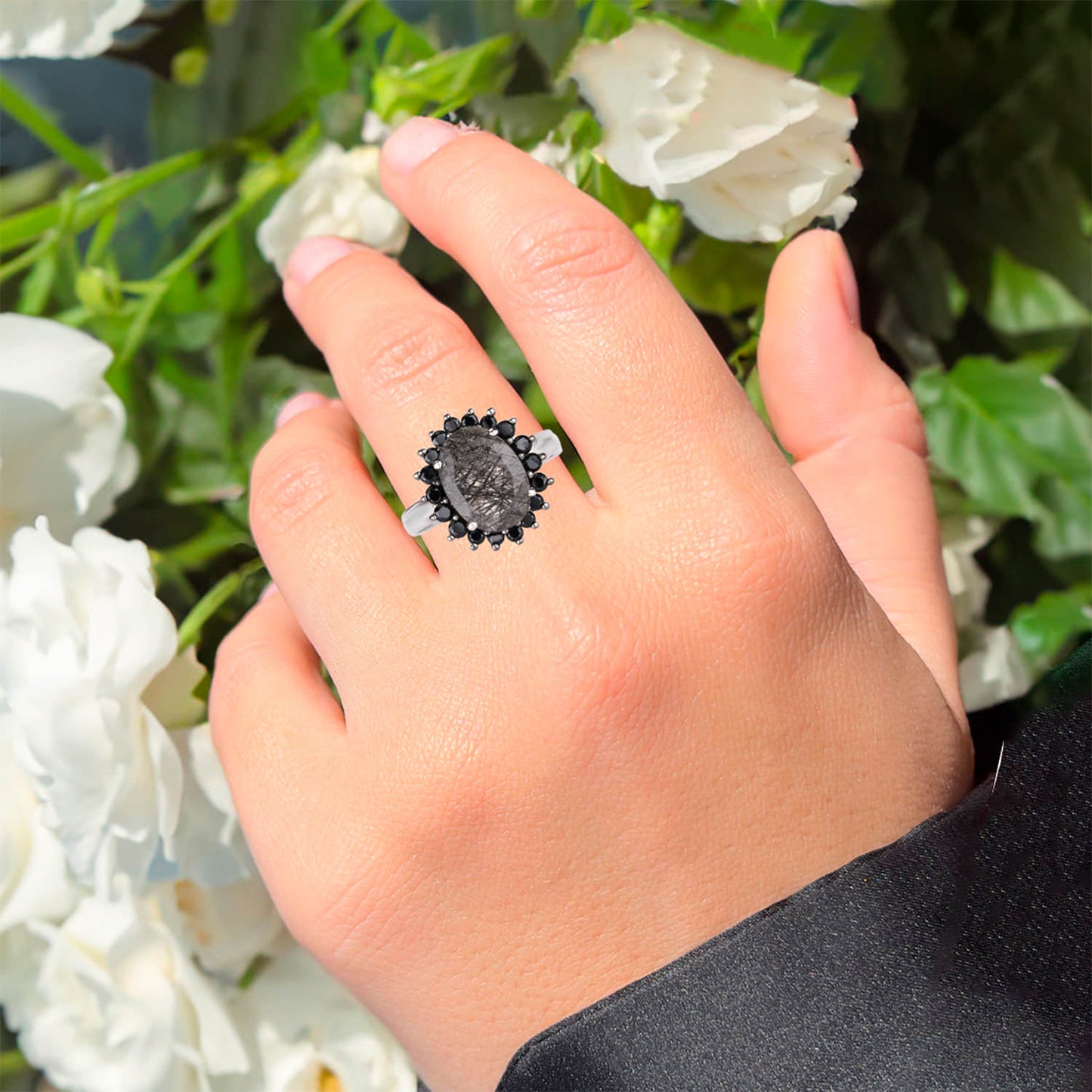 Black Rutile Ring With Black Spinel 5.90 Carats Sterling Silver