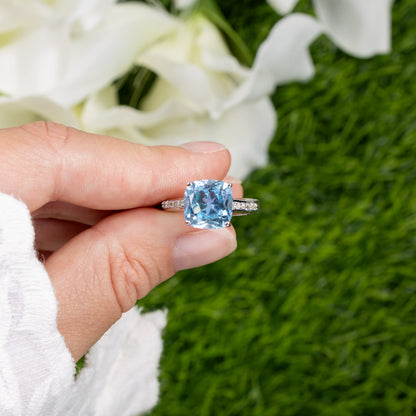 Blue Topaz Ring With White Topaz 4.58 Carats Sterling Silver
