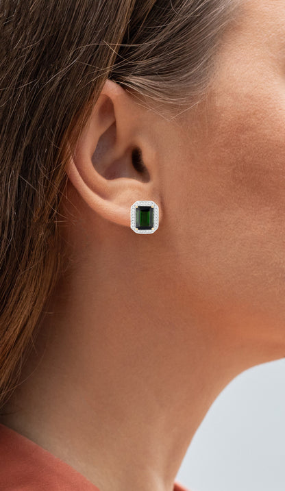 Green Tourmaline Stud Earrings Diamond Halo 3.55 Carats 14K Yellow Gold