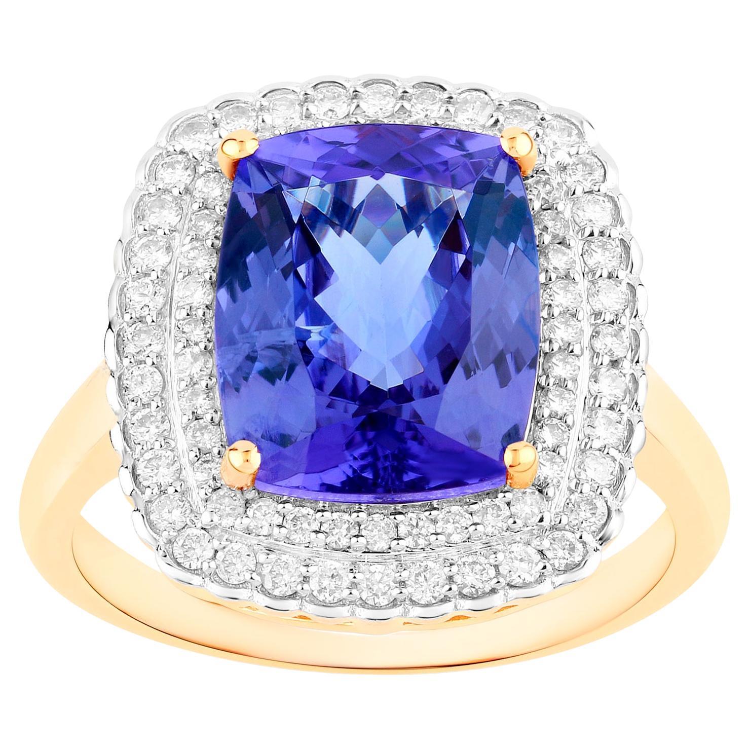 Natural Tanzanite Ring With Diamonds 4.8 Carats 14K Yellow Gold