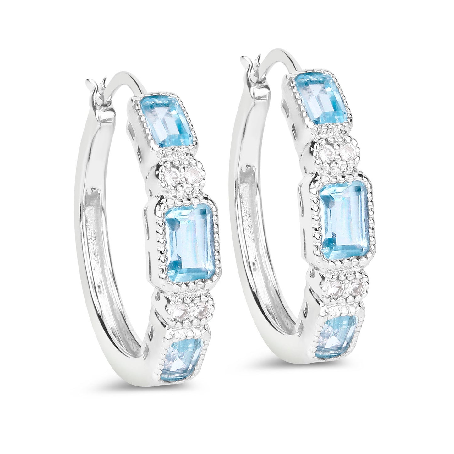 Blue Topaz Hoop Earrings With White Topaz 2.6 Carats Sterling Silver