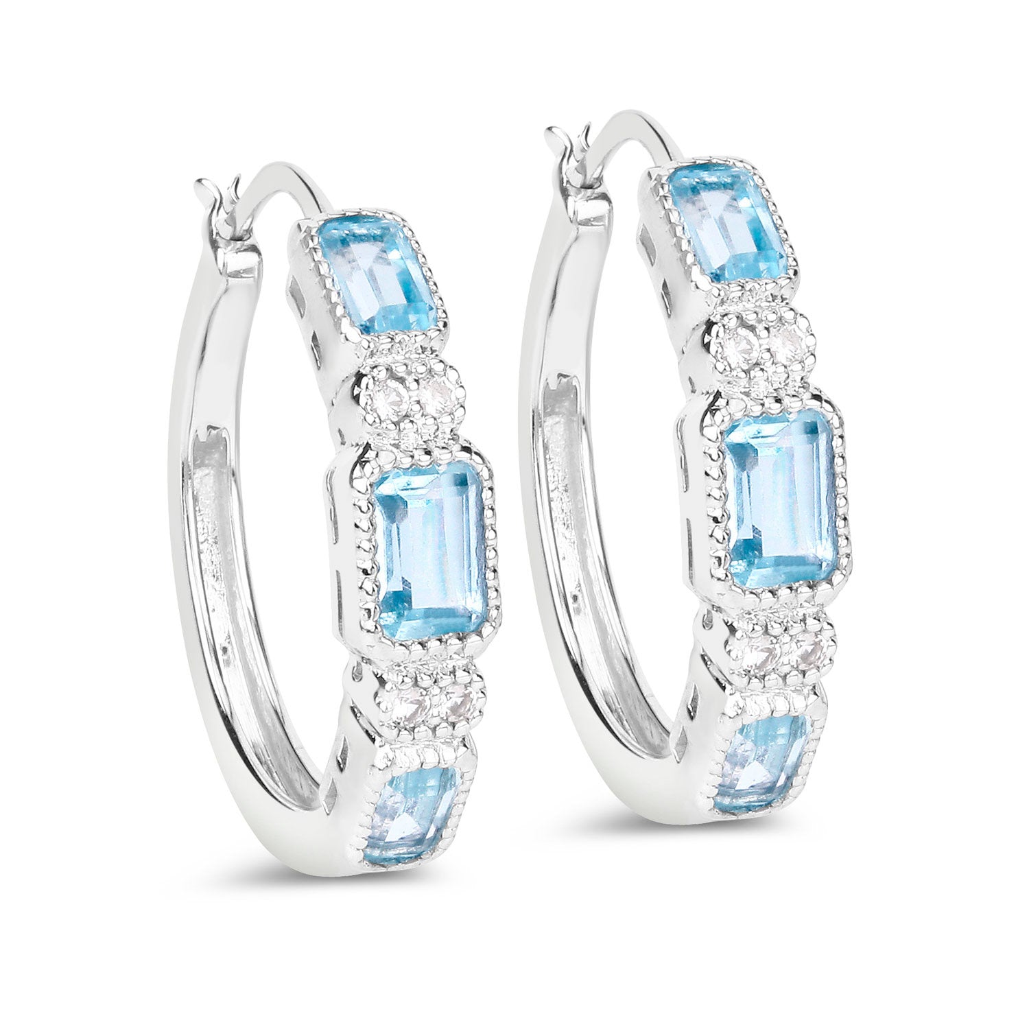 Blue Topaz Hoop Earrings With White Topaz 2.6 Carats Sterling Silver