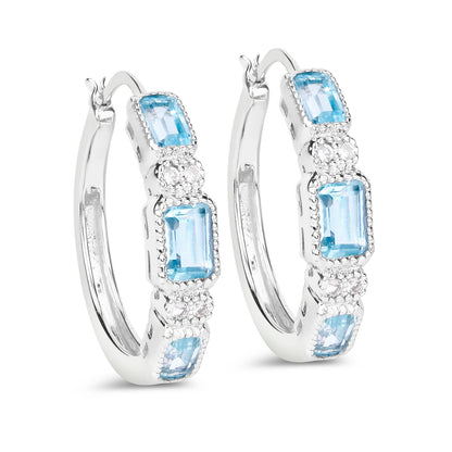 Blue Topaz Hoop Earrings With White Topaz 2.6 Carats Sterling Silver