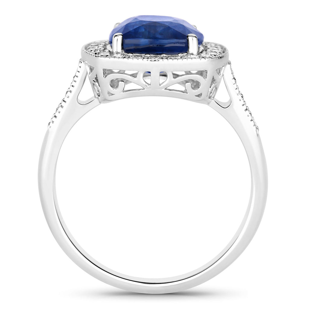 Blue Sapphire Ring With Diamonds 4 Carats 18K White Gold