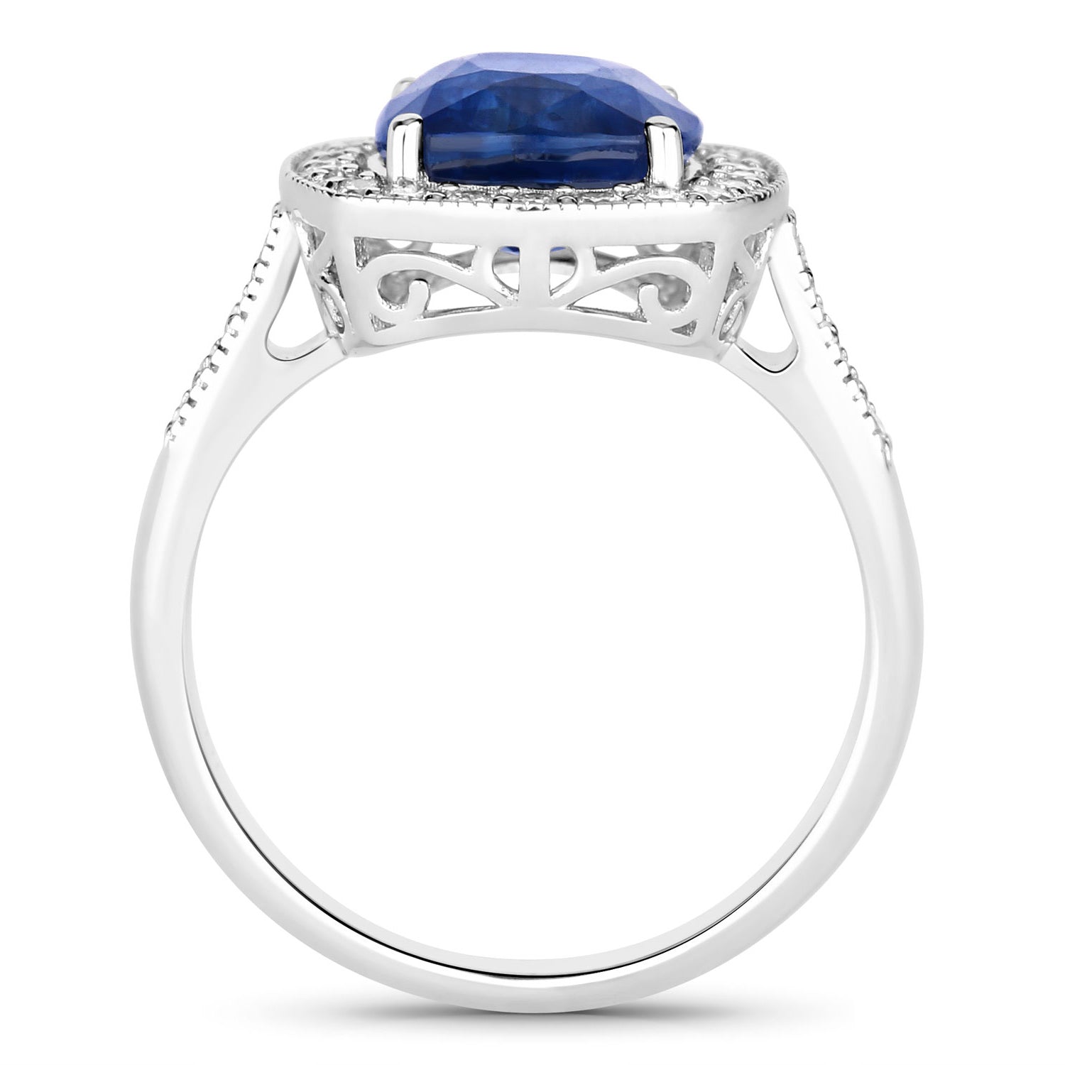 Blue Sapphire Ring With Diamonds 4 Carats 18K White Gold