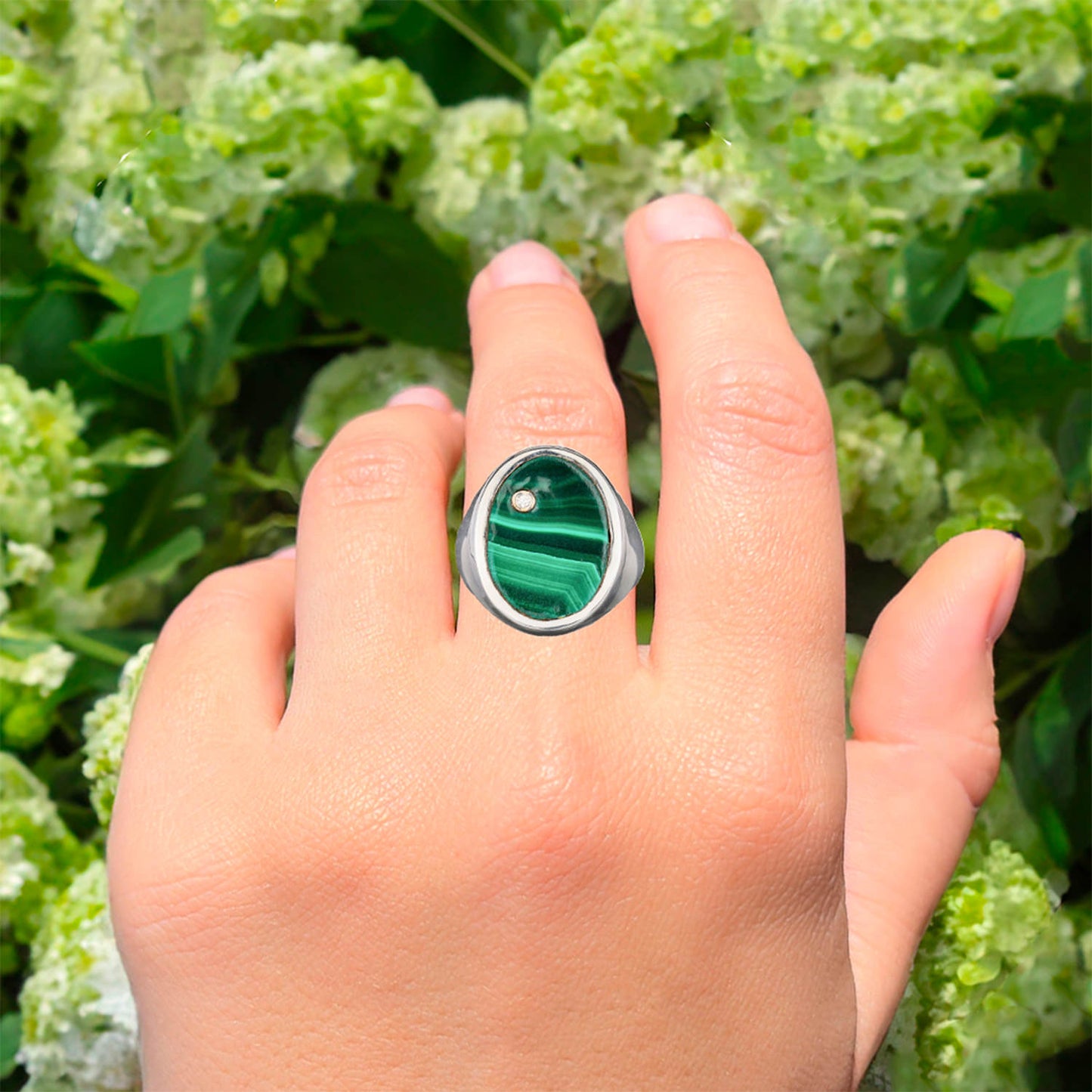 Malachite Ring With Diamonds 2.56 Carats Sterling Silver