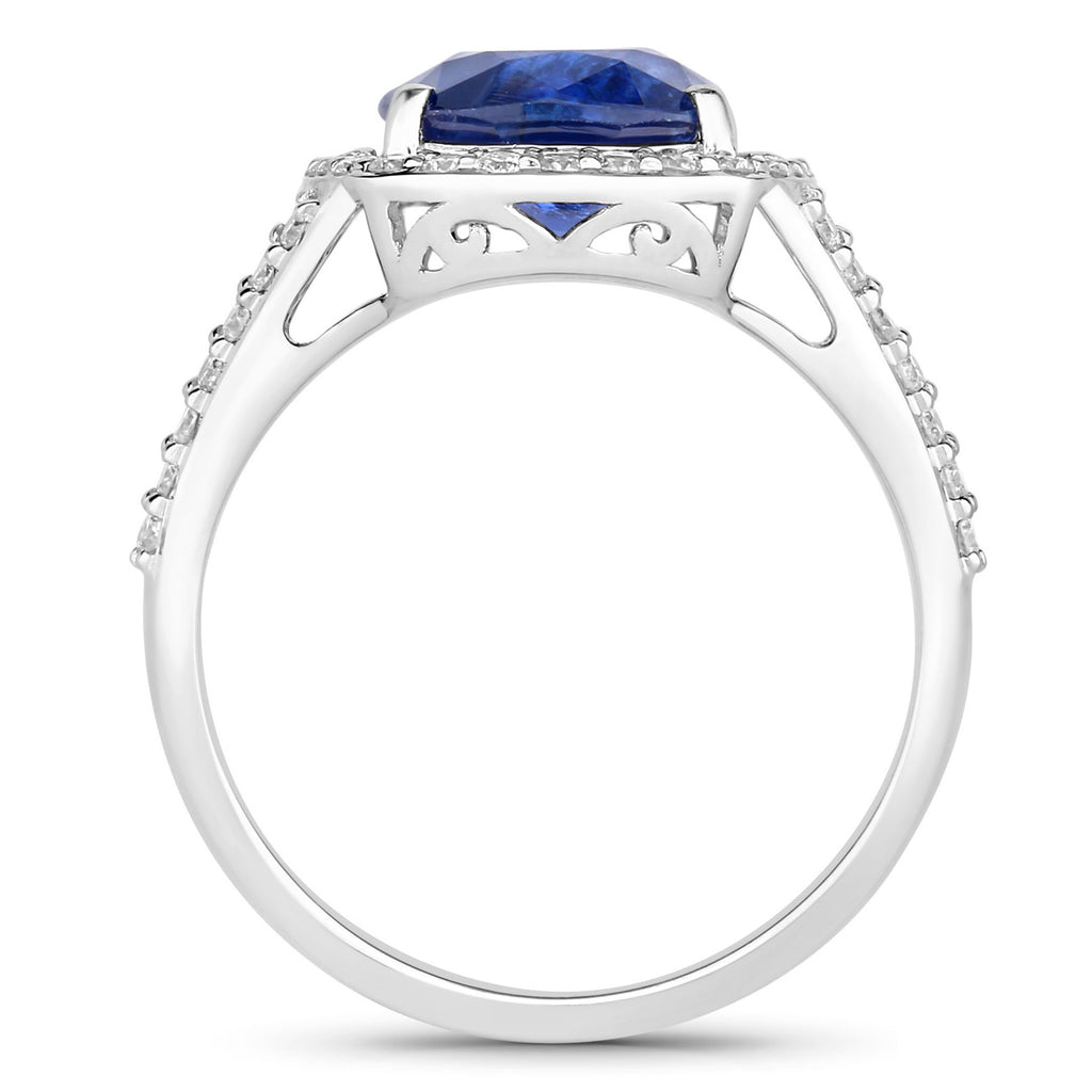 Blue Sapphire Ring With Diamonds 4.54 Carats 18K White Gold