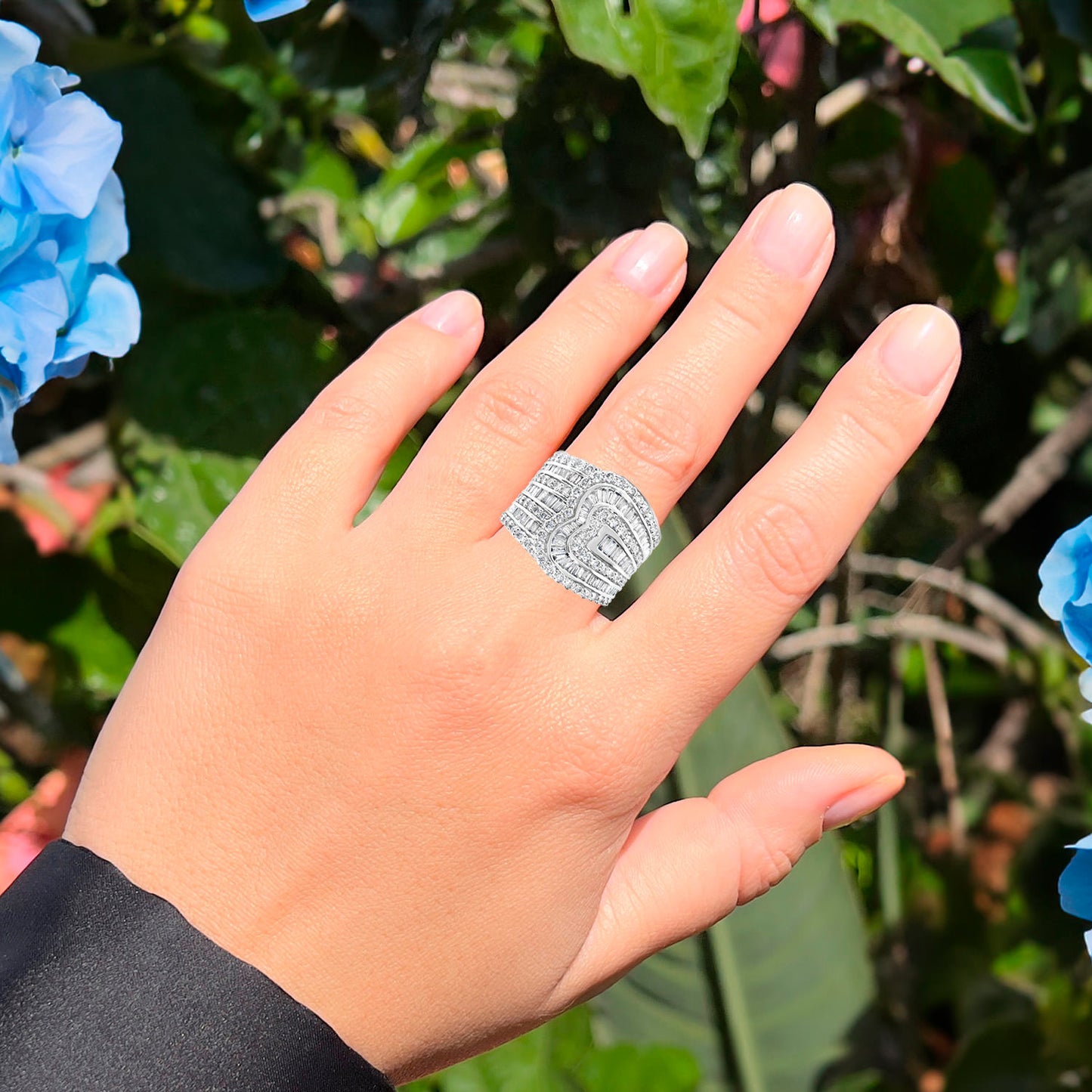 Diamond Wide Cocktail Ring Baguette and Round Cut 2.55 Carats 10K White Gold