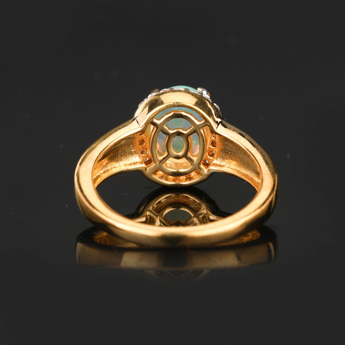 Natural Ethiopian Opal Ring With White Zircon 1.33 Carats Gold Plated Silver