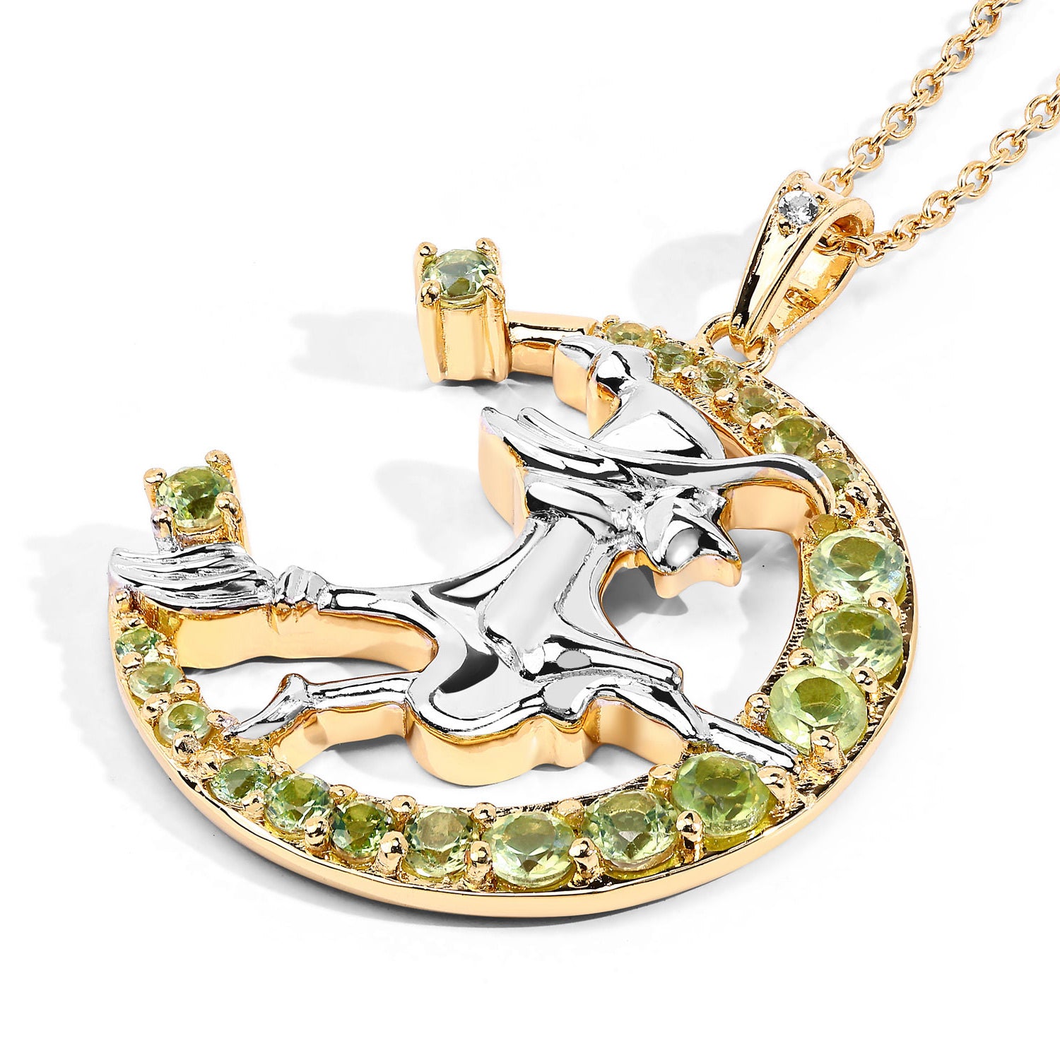 Peridot Witch Pendant With White Topaz 1.02 Carats Gold Plated Silver