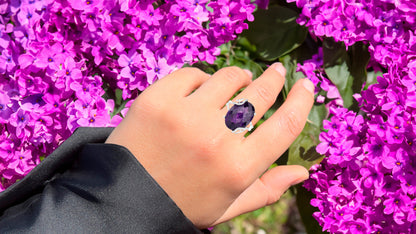 Rose Cut Amethyst Ring with White Topaz 10.43 Carats Sterling Silver