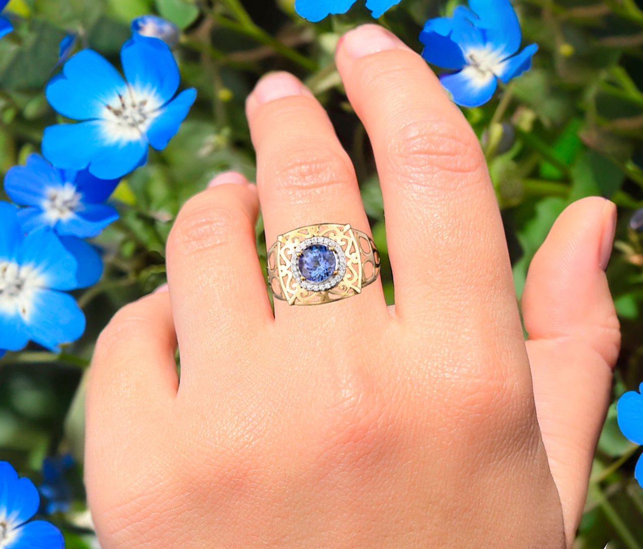 Natural Tanzanite Ring With White Zircon 1.54 Carats 9K Yellow Gold