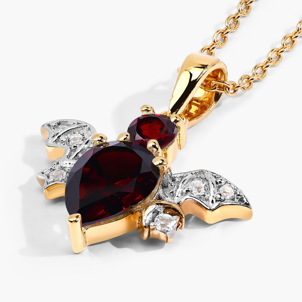 Garnet Bat Pendant With White Topaz 1.55 Carats Gold Plated Silver