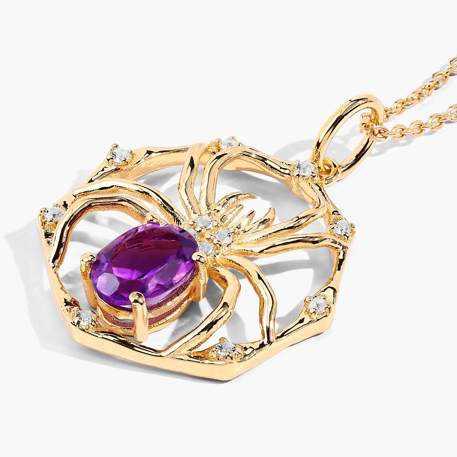 Amethyst Spider Pendant With White Topaz 1.2 Carats Gold Plated Silver