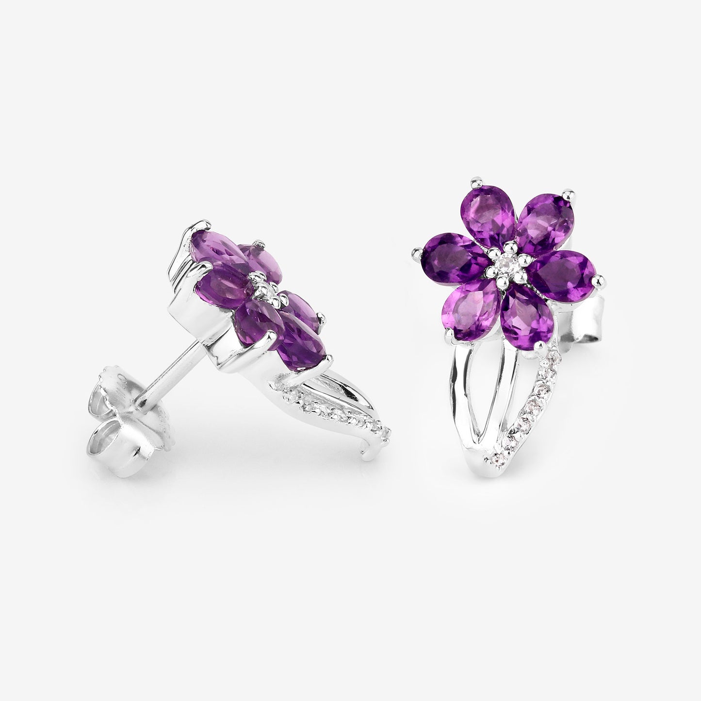 Amethyst Flower Earrings With White Topaz 1.86 Carats Sterling Silver