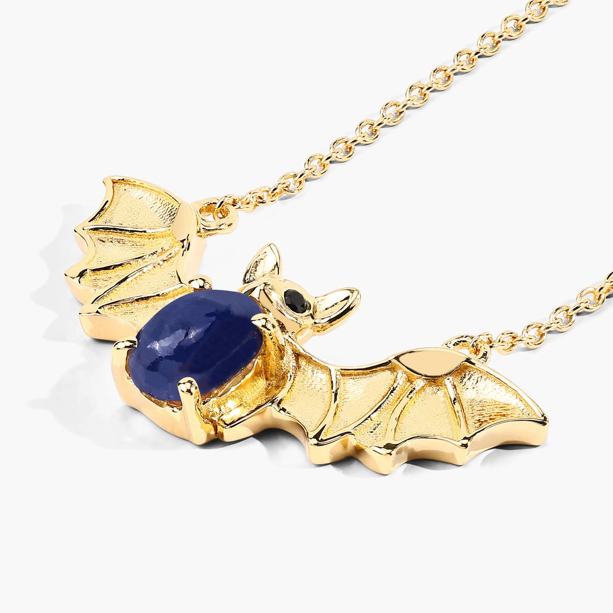 Blue Sapphire Bat Necklace With Black Spinel 1.16 Carats Gold Plated Silver