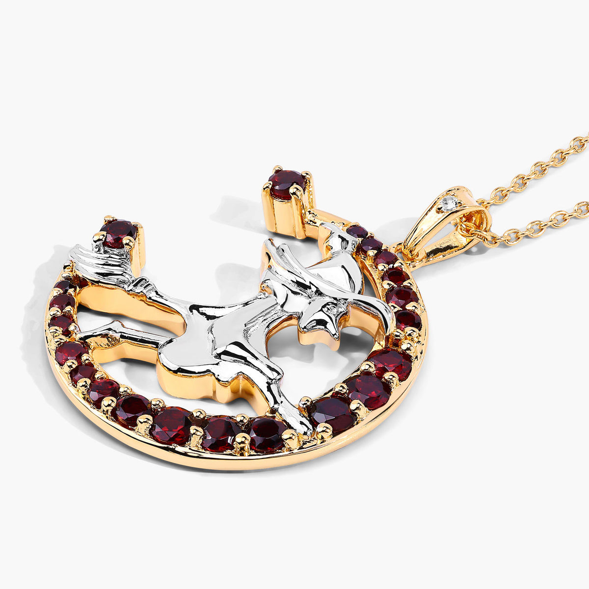 Garnet Flying Witch Pendant With White Topaz 1.22 Carats Gold Plated Silver