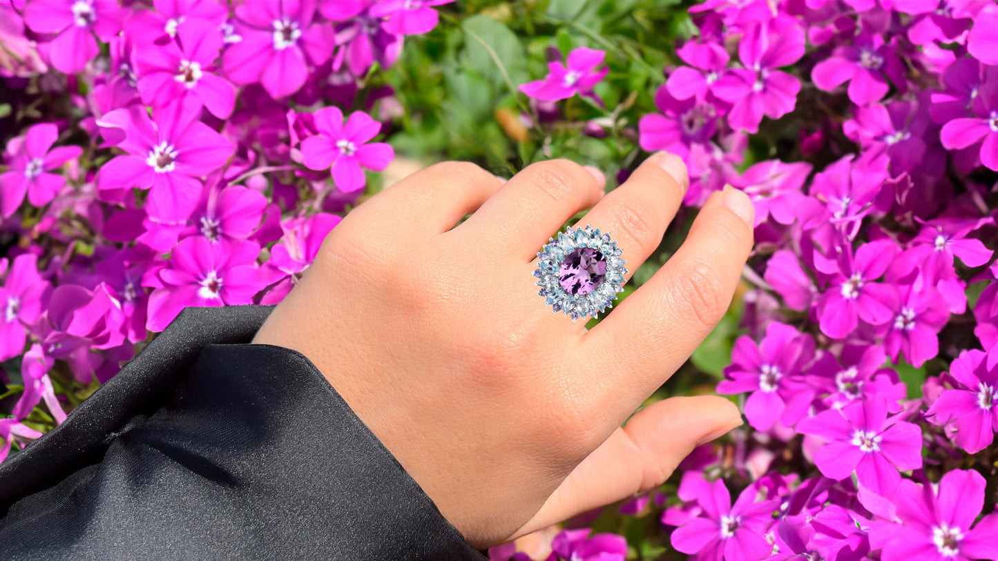 Amethyst Cocktail Ring Tanzanite and Blue Topaz Halo 7.8 Carats