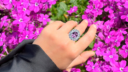 Amethyst Cocktail Ring Tanzanite and Blue Topaz Halo 7.8 Carats