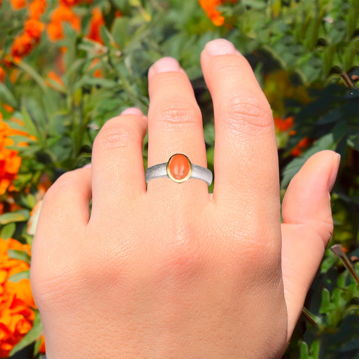 Peach Moonstone Ring 1.30 Carats Gold Plated Silver