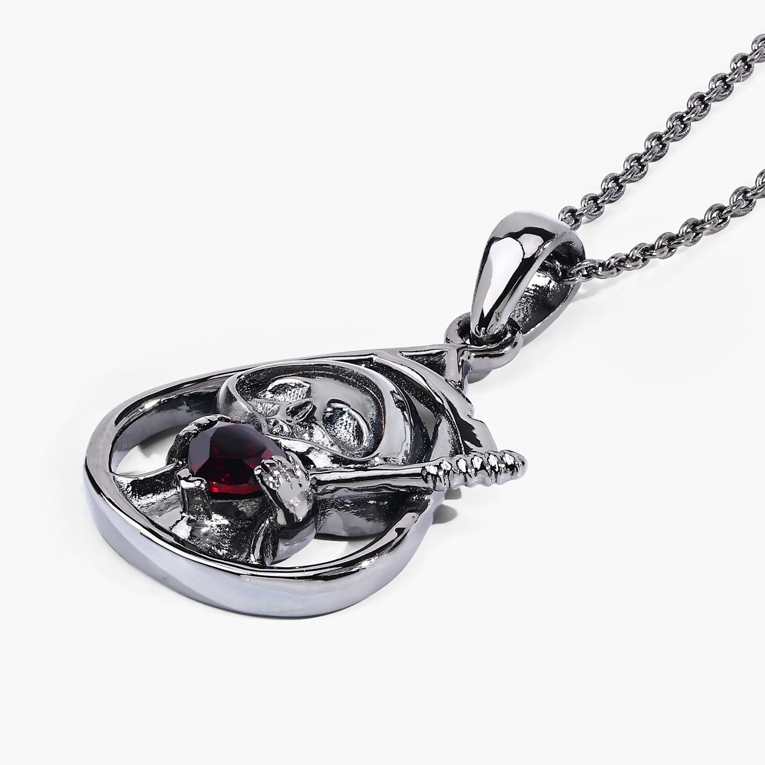 Garnet Reaper Skull Pendant 0.3 Carats Sterling Silver
