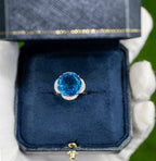Swiss Blue Topaz Statement Ring Diamond Halo 12.7 Carats 14K Yellow Gold