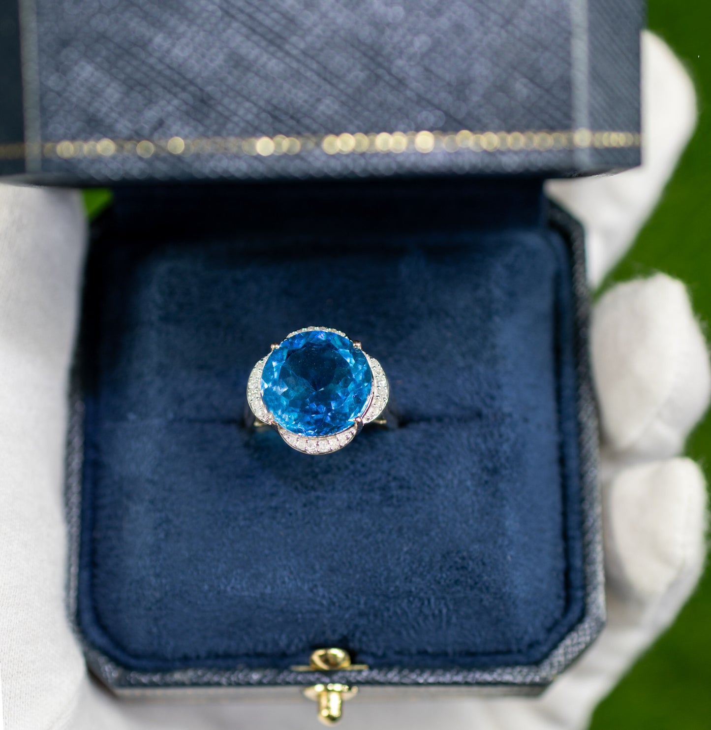Swiss Blue Topaz Statement Ring Diamond Halo 12.7 Carats 14K Yellow Gold