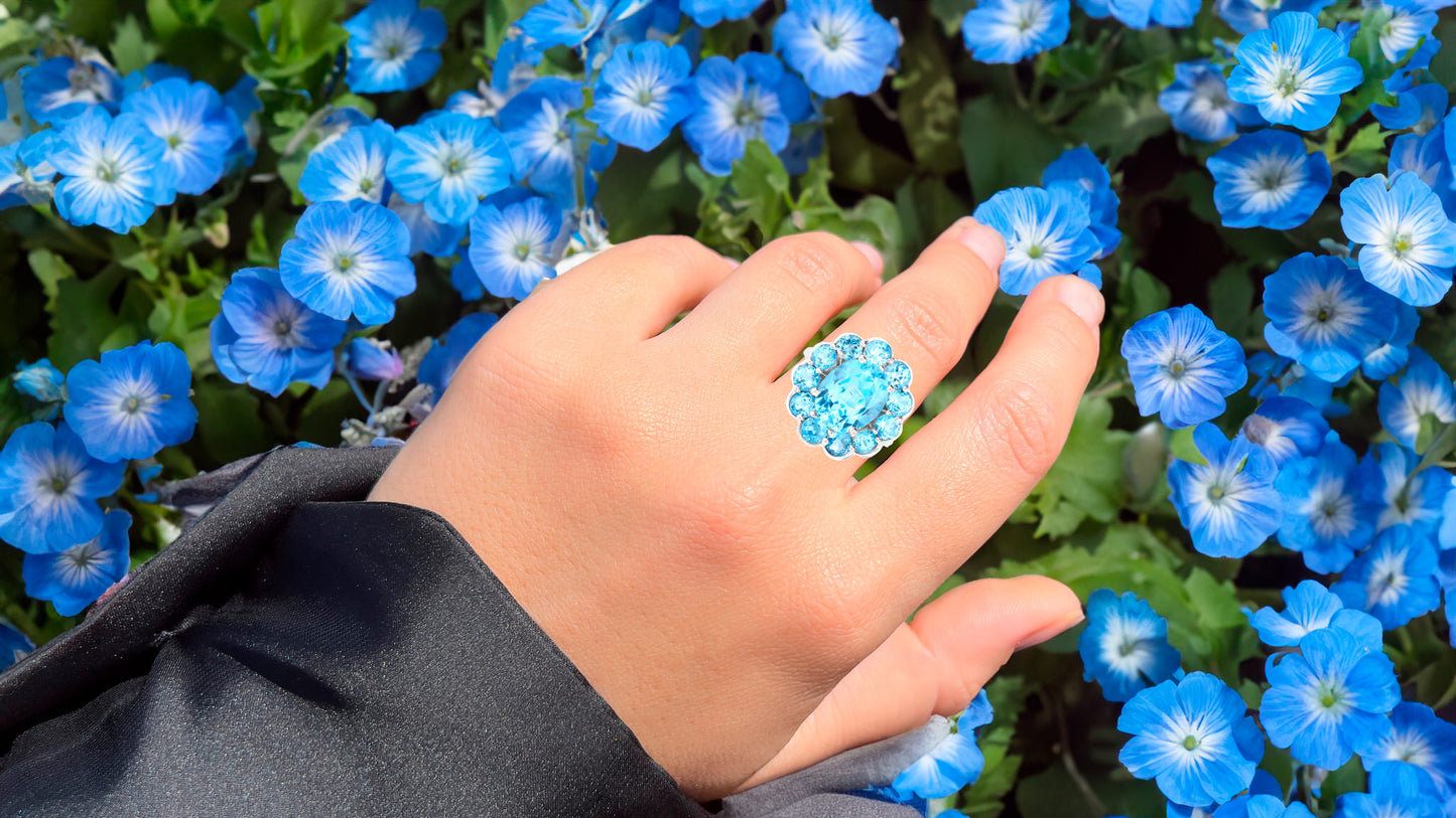 Swiss Blue Topaz Flower Cocktail Ring 8.8 Carats Sterling Silver