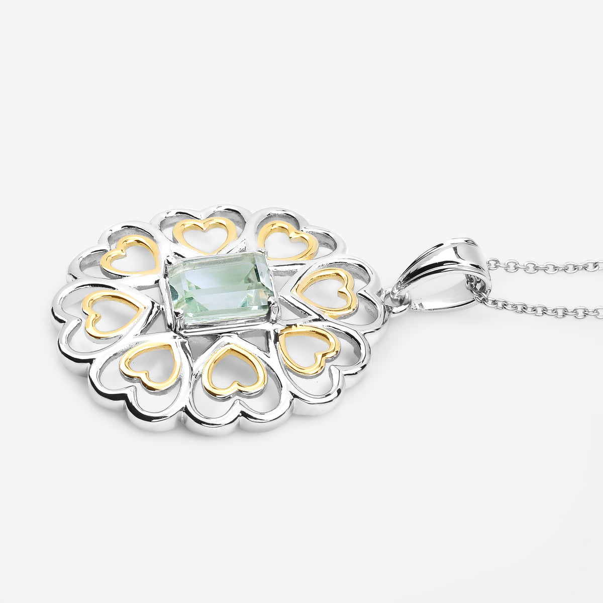 Green Amethyst Heart Pendant 2.08 Carats Gold Plated Silver