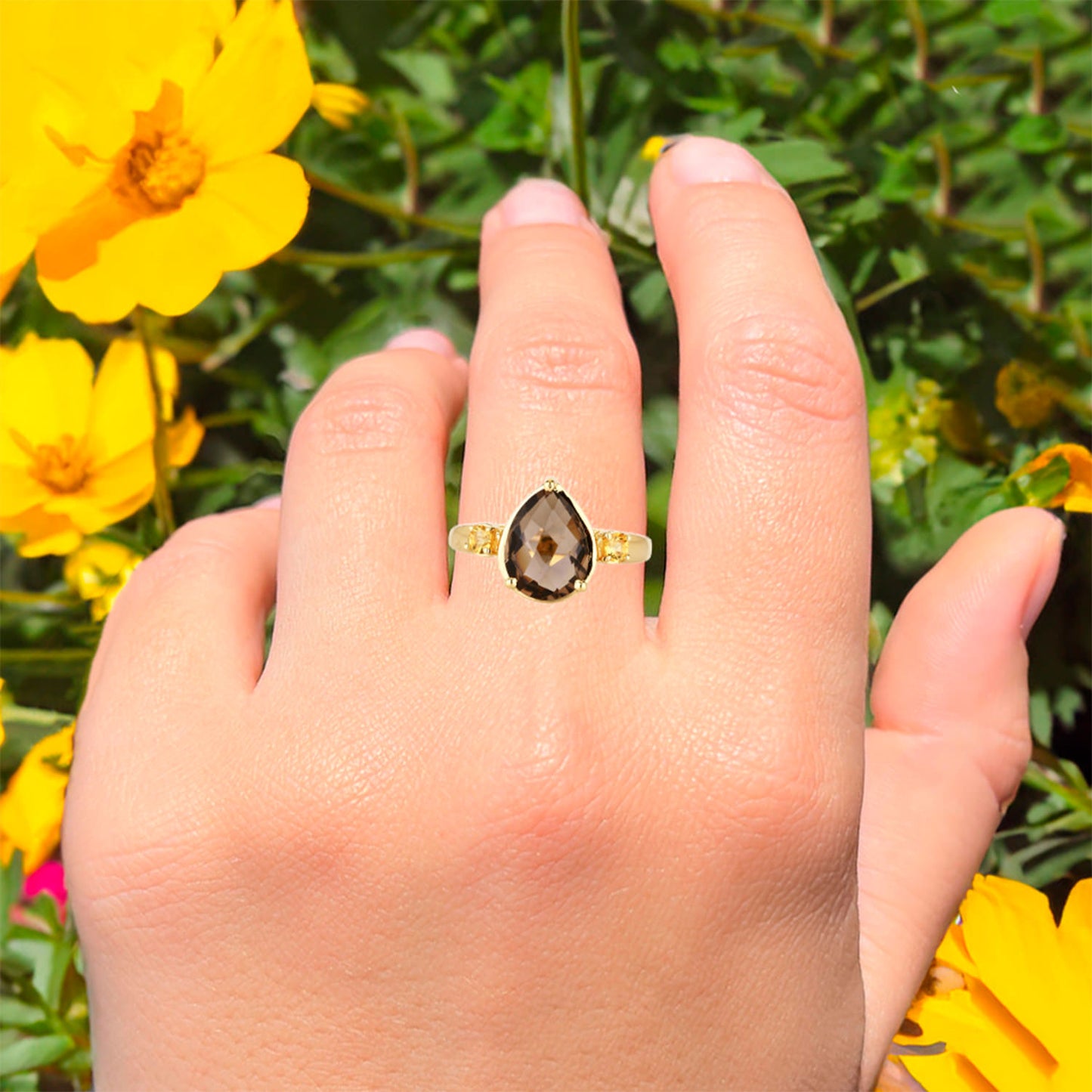 Smoky Quartz Ring With Citrine 3.60 Carats Gold Plated Silver