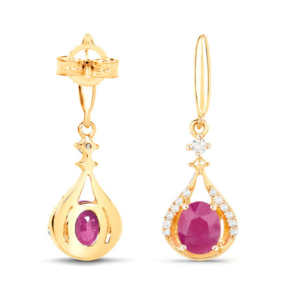 Ruby Dangle Earrings Diamonds 14K Yellow Gold