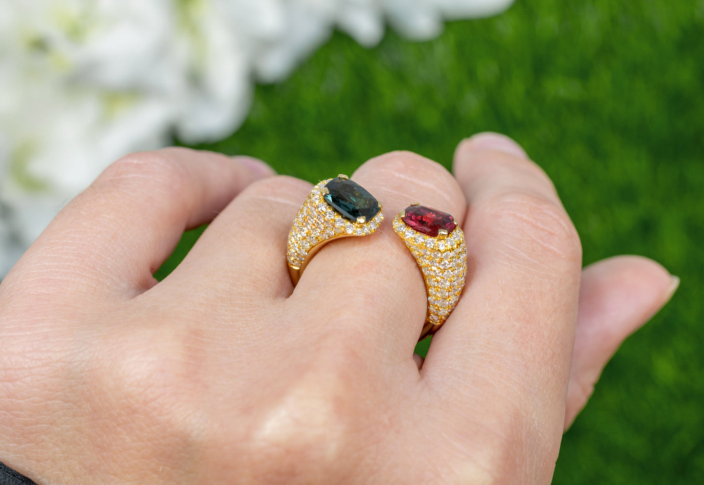 Blue and Red Spinel Bypass Ring Diamond Setting 4 Carats 18K Gold