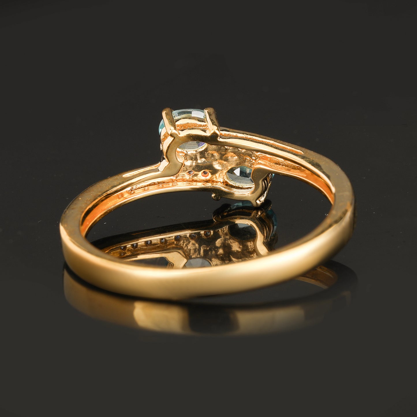 Natural Blue Zircon Ring With White Topaz 1.24 Carats Gold Plated Silver