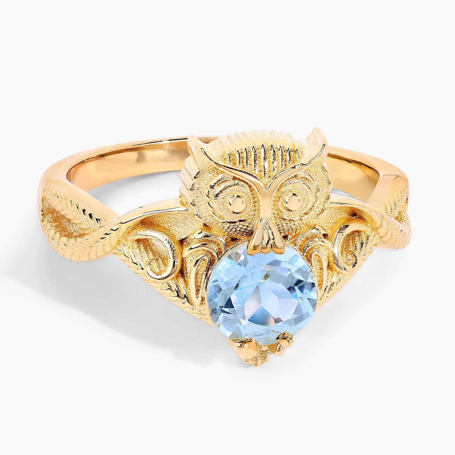 Blue Topaz Owl Ring 1.04 Carats Gold Plated Silver