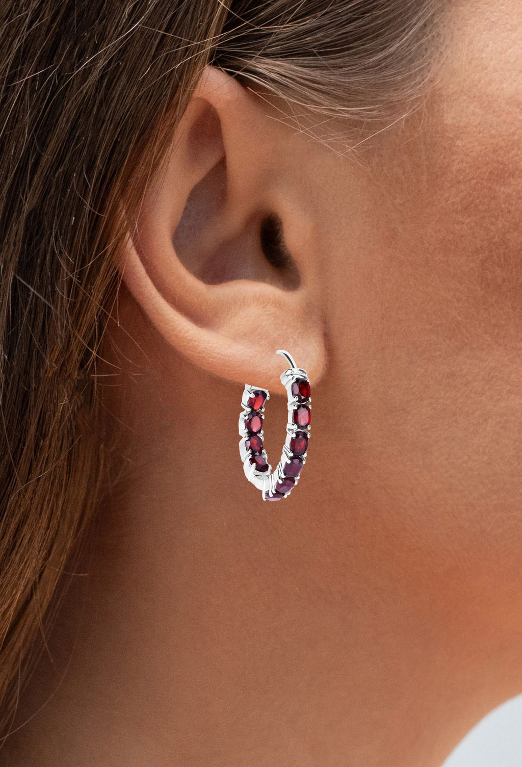 Garnet Hoop Earrings 4 Carats Rhodium Plated Silver