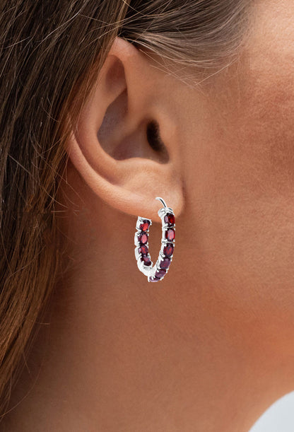 Garnet Hoop Earrings 4 Carats Rhodium Plated Silver