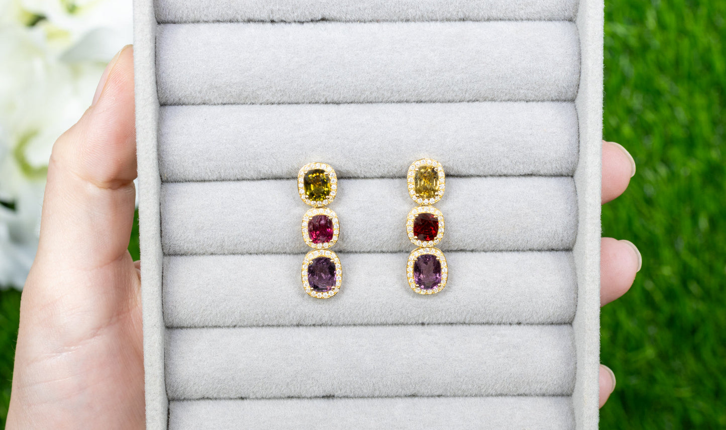 Rare Natural Multicolored Spinel Earrings Diamond Halo 8.50 Carats 18K Gold